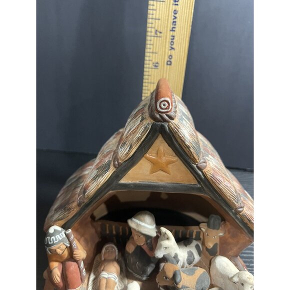 Handcrafted Clay Nativity Scene with Rustic Hut & Animals Hand-Painted Details A - Picture 3 of 9